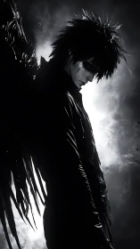 Dark winged figure in high contrast monochrome profile.