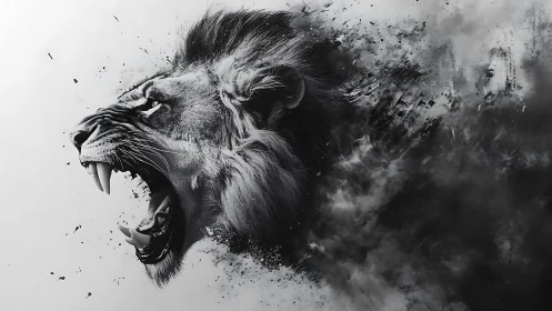 Roaring lion emerging from swirling shadows and splintered light.