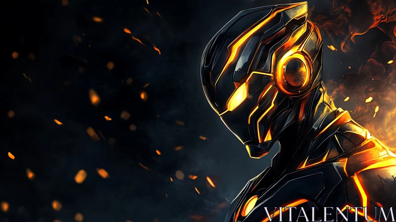 Luminous ember-lined combat exosuit profile in dark smoke field.