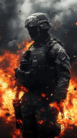 Armored combat figure stands amid vertical fire plume