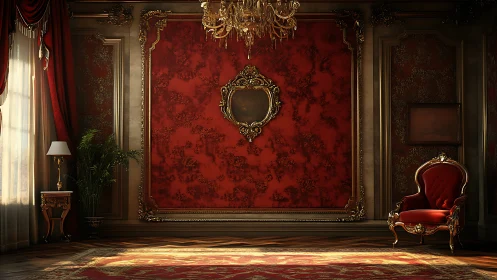 Opulent baroque sitting room with red walls and chair.