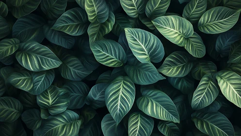Lush tropical foliage displays layered emerald leaves in detail.