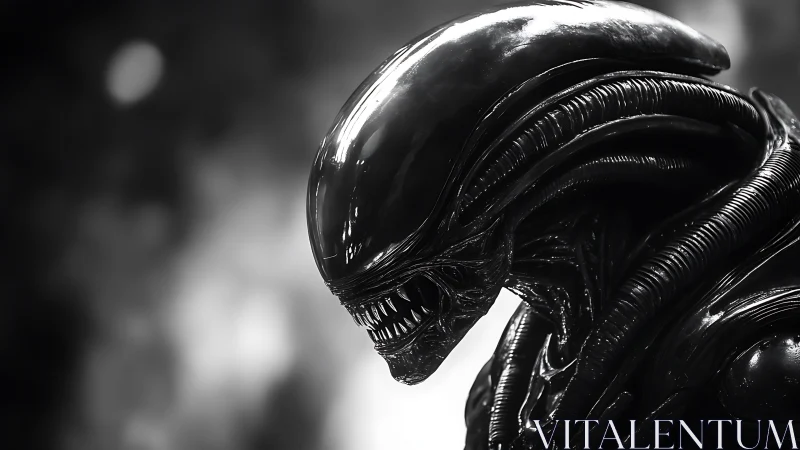 Sleek biomechanical alien profile in stark monochrome light.