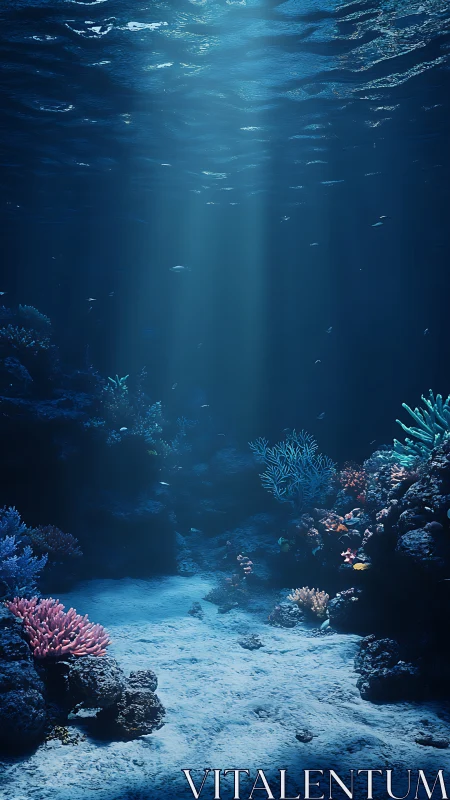 Sunlit coral ravine beneath tranquil sapphire waves.