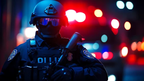 Neon sirens crown a tactical officer in midnight patrol