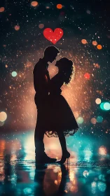 Silhouetted couple embracing beneath glowing red heart.