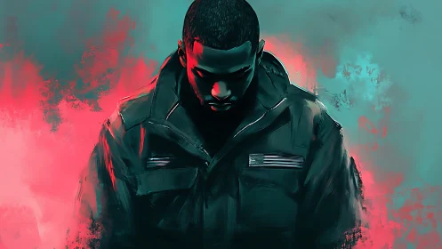 Brooding man in neon mist embraces silent inner conflict