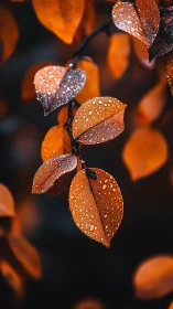 Macro study of dew-lit autumn leaves on dark bokeh ground.