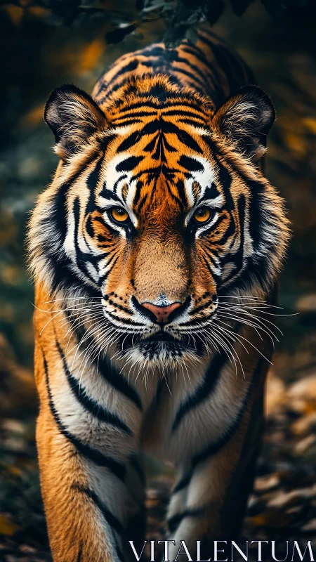 Ember-eyed tiger strides through shadowed forest hush.