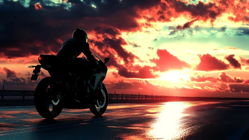 Sunset highway rider silhouetted on reflective wet asphalt.