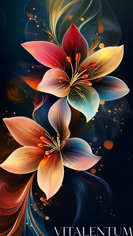 Twin Bloom Revelry: Luminous Petals Dance in Golden Chaos.