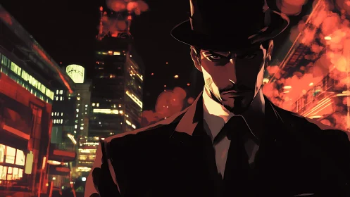 Noir agent in neon cityscape rendered in cinematic digital painting