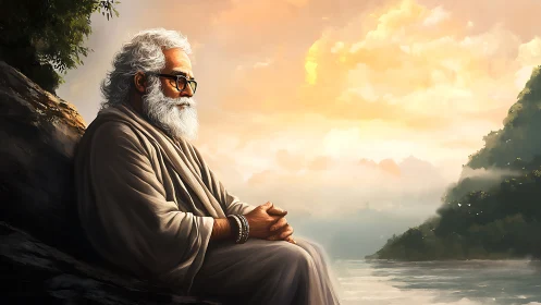 Gentle sage rests by a glowing river at peaceful sunrise