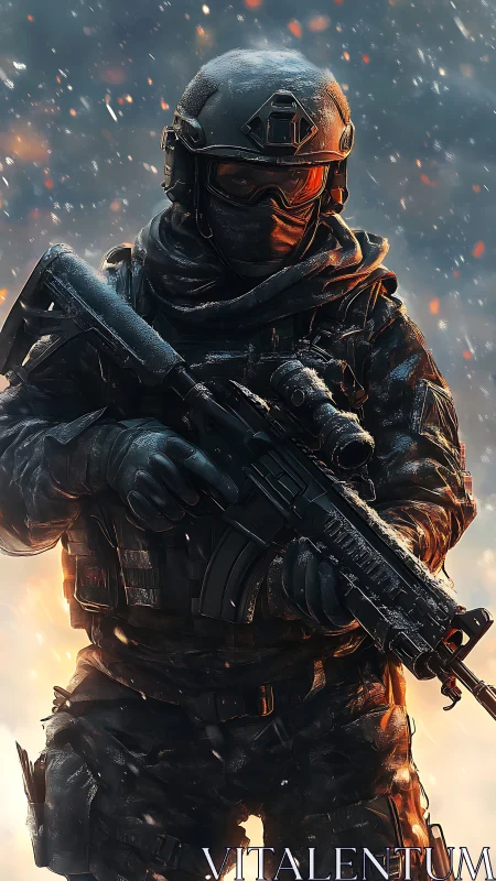Heavily armed soldier in winter combat gear under fire.