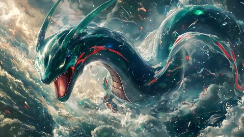 Sea serpent storms through turbulent luminous ocean sky