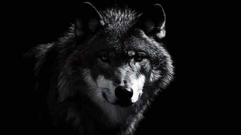 Moonlit shadow wolf staring through the velvet dark.