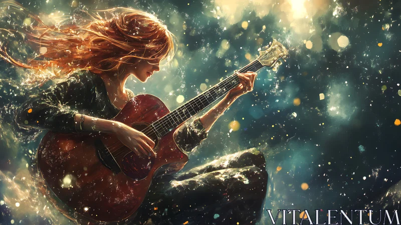 Female guitarist in luminous abstract particle environment.