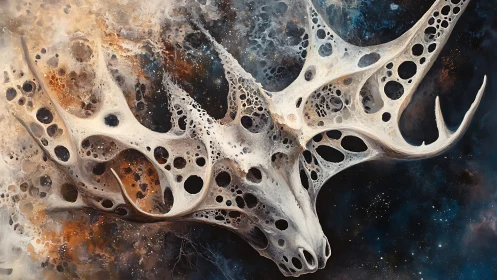 Ethereal cosmic skull drifting through a dreamy starlit void.