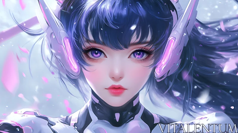 Cybernetic anime pilot portrait with luminous violet optics