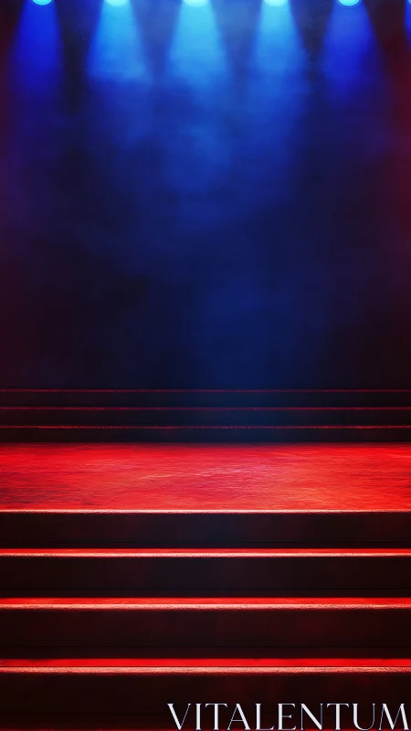 Red stage platform glows under blue theatrical spotlights