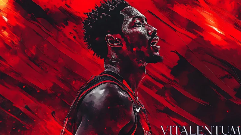 Basketball player profile in intense red digital artwork.