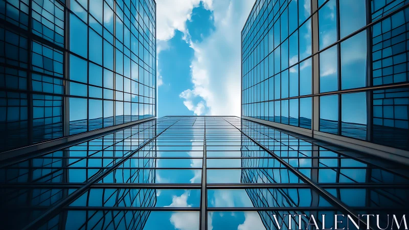 Skyward glass towers mirroring clouds and quiet blue light.