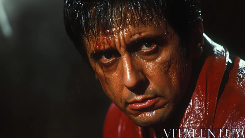 Wet male face in red jacket under dramatic lighting.