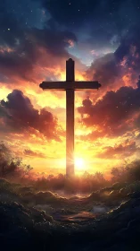 Wooden cross silhouette against stratified sunset sky.