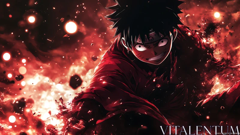 Fiery anime warrior charges forward through swirling embers