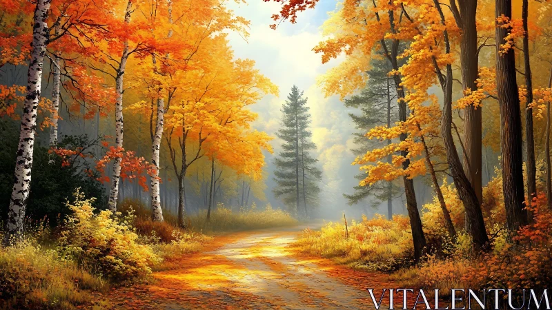 Autumn Forest Road with Golden Canopy.