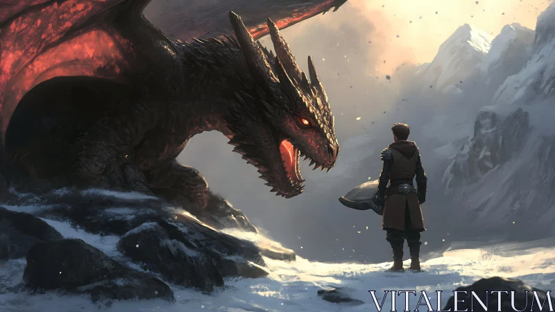 Dragon confrontation in luminous snowy mountain pass.