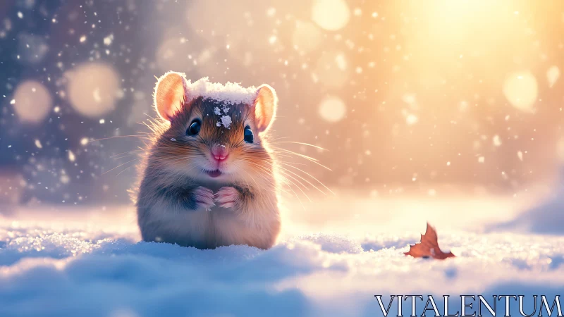 Cute snow covered mouse in warm winter sunset light.