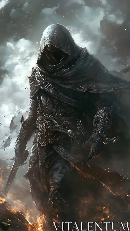 Hooded armored figure walking through smoke and embers.