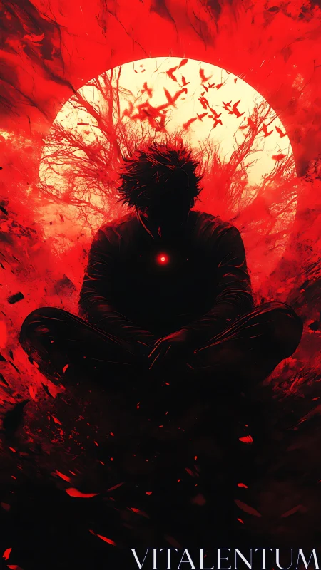 Silhouetted figure in red void before glowing sun disk.