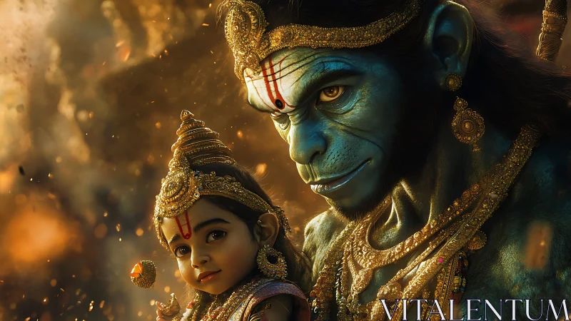 Divine guardian cradles child amid glowing mythic embers