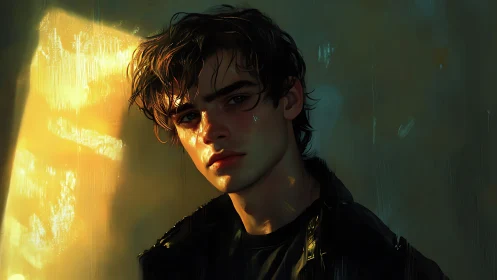 Young man in dramatic side lighting stares toward camera