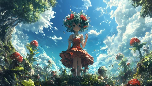 Forest sprite girl amid towering mushrooms and vivid sky.