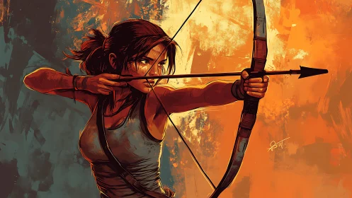 Dynamic archer heroine in bold complementary color fields.