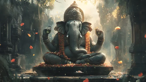 Divine Ganesha statue glows amid ancient temple ruins.