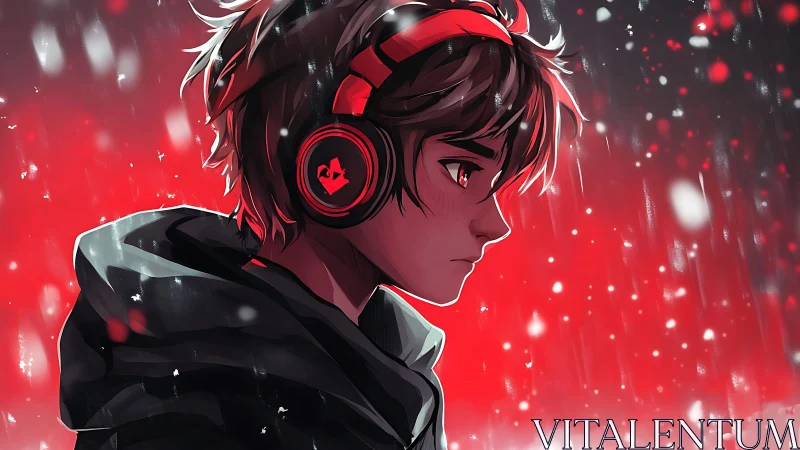 Brooding gamer boy in red headphones under falling snow.