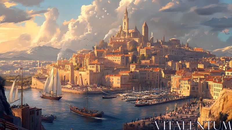 Harbor cityscape with hilltop cathedral under dense clouds.