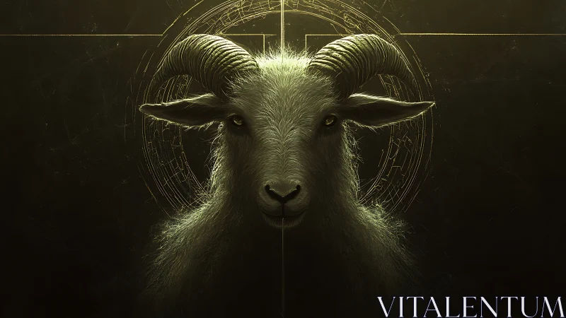 Mythic horned goat glows before occult golden sigils.