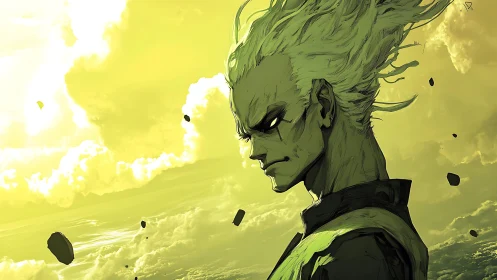 Side profile of stylized figure with spiked hair in sky scene.