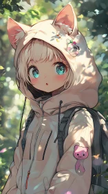 Cat-eared hoodie girl stands in dappled forest light.