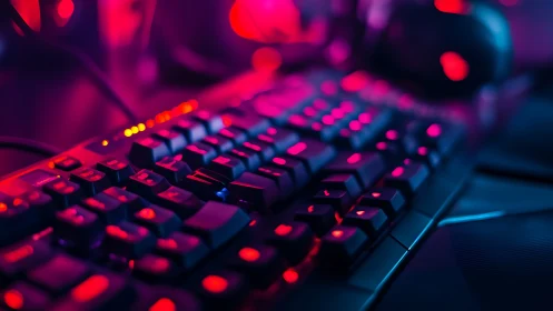 Cyberpunk mechanical keyboard under neon bokeh lighting.