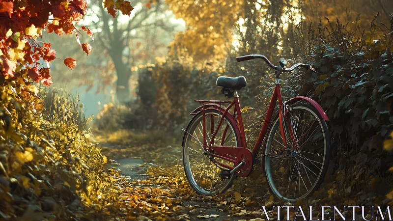 Red bicycle on autumn forest path among golden foliage.