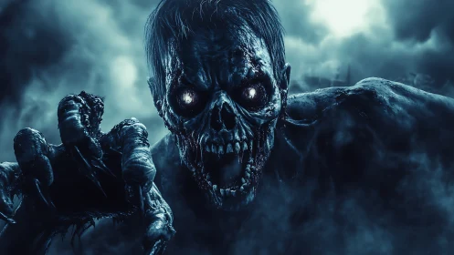 Undead horror creature lunges through eerie blue fog.