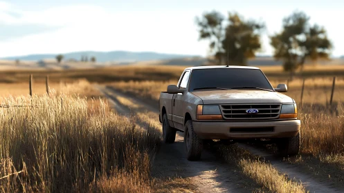 Dusty Ford pickup truck parked on rural dirt track at sunset