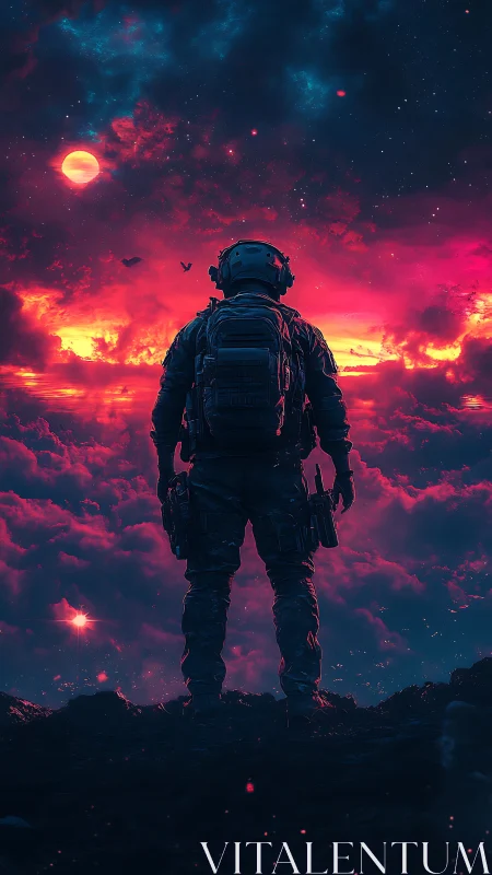 Stargazing explorer under neon clouds and midnight skies.