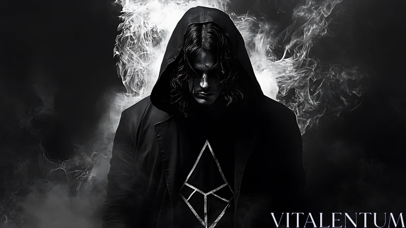 Hooded figure in monochrome smoke with geometric emblem glows
